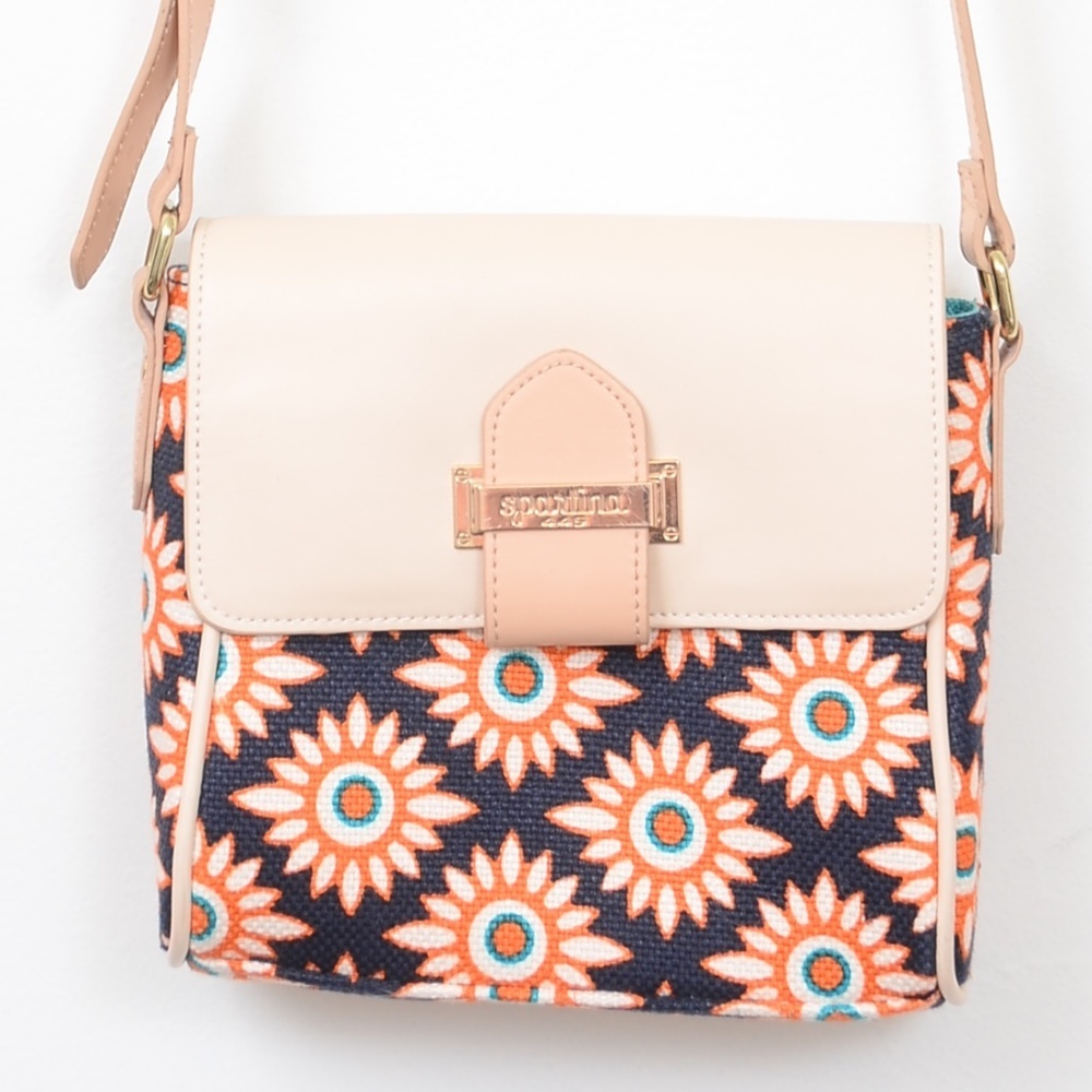 Spartina Crossbody 449 Linen Leather Purse Blue Orange Handbag